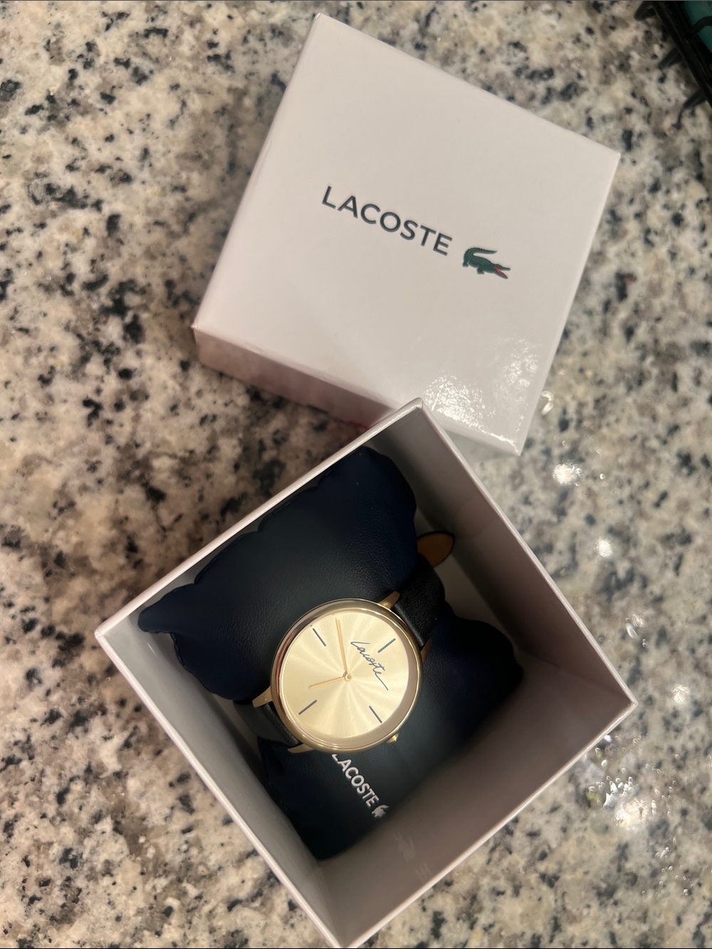 Women’s Lacoste Silver Dial Watch with Black Leather Strap